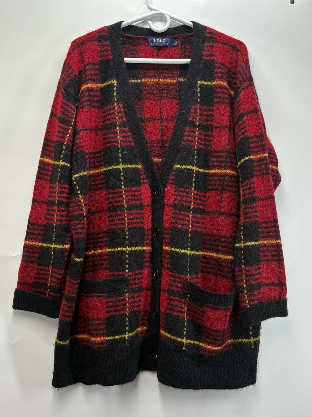 Polo Ralph Lauren Large Alpaca Merino Wool Tartan Plaid Cardigan Sweater Red